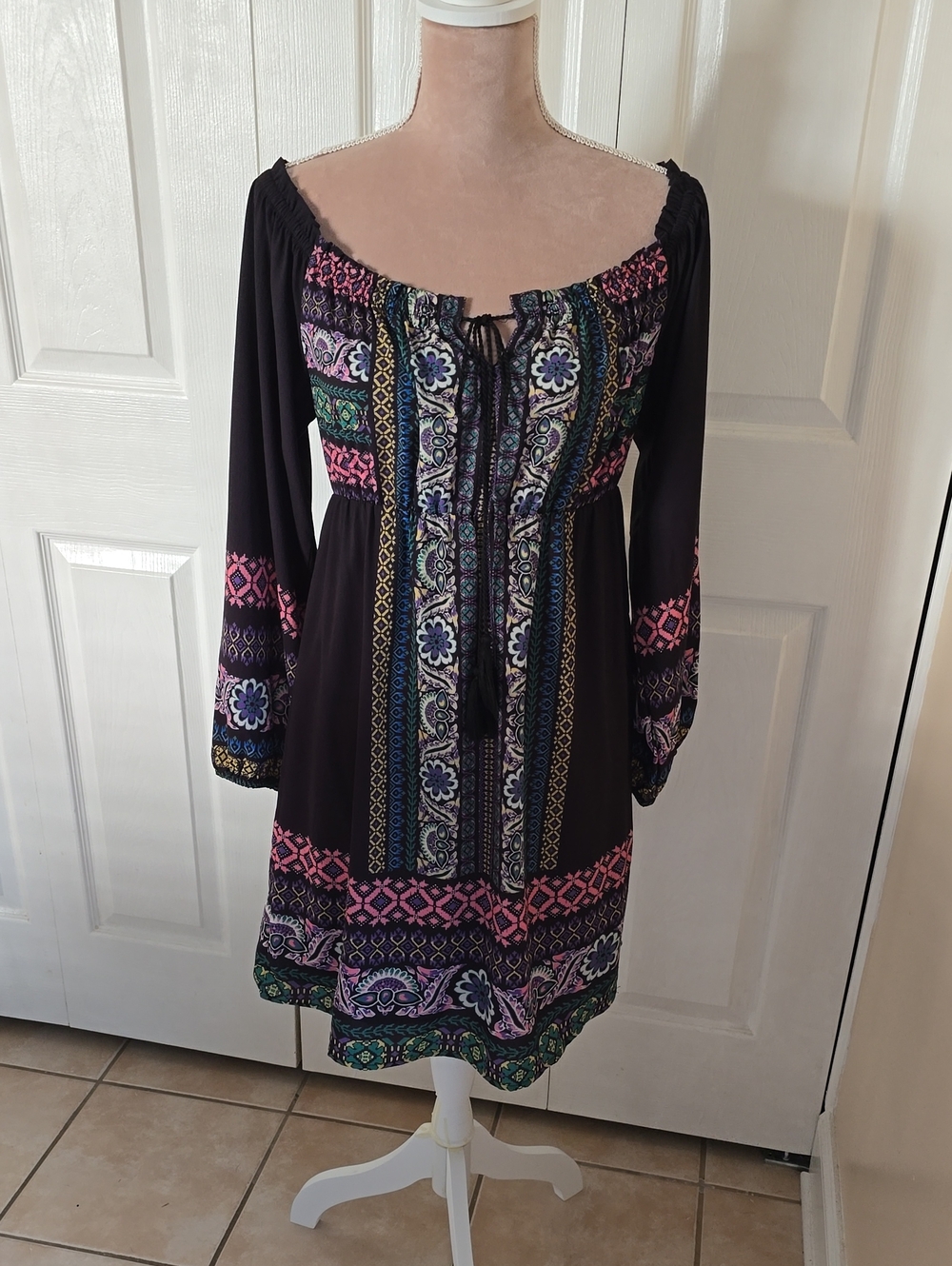 Flying Tomato Black Boho Long Sleeve Multicolor Patterned Dress